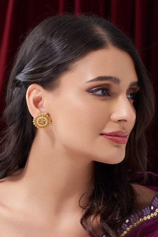 Gold Finish Kundan Polki Temple Stud Earrings
