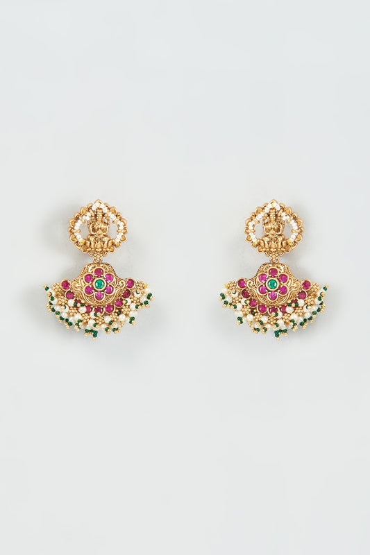Gold Finish Red & Green Synthetic Stone Temple Dangler Earrings