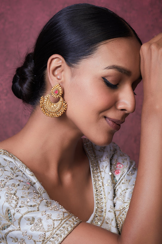 Gold Finish Ruby Synthetic Stone Temple Dangler Earrings