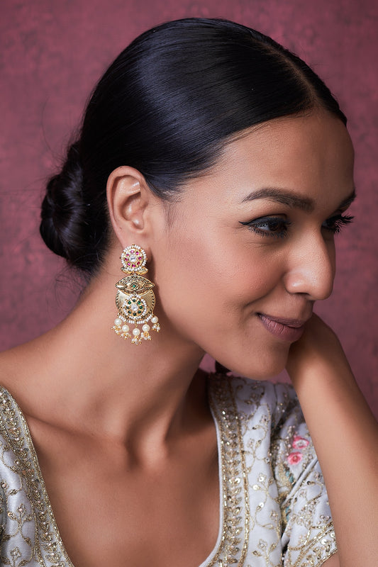 Gold Finish Kundan Polki Temple Dangler Earrings