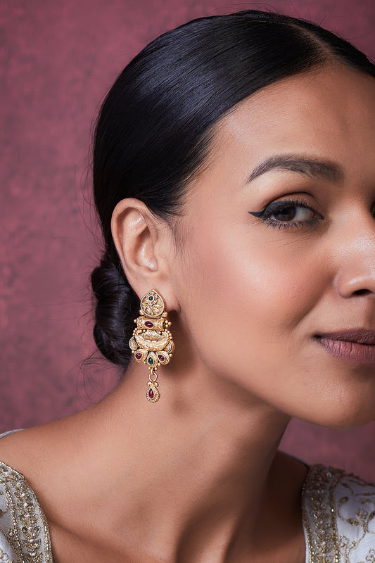 Gold Finish Kundan Polki & Multi-Colored Stone Temple Dangler Earrings