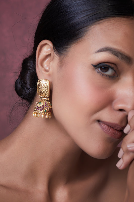 Gold Finish Red & Green Synthetic Stone Temple Jhumka Earrings