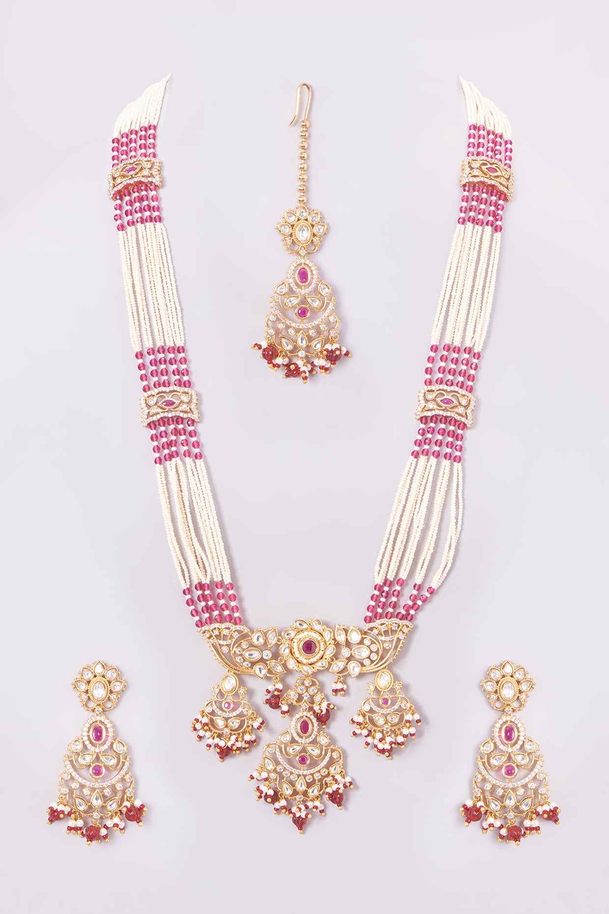 Gold Finish Kundan Polki & Red Beaded Long Necklace Set