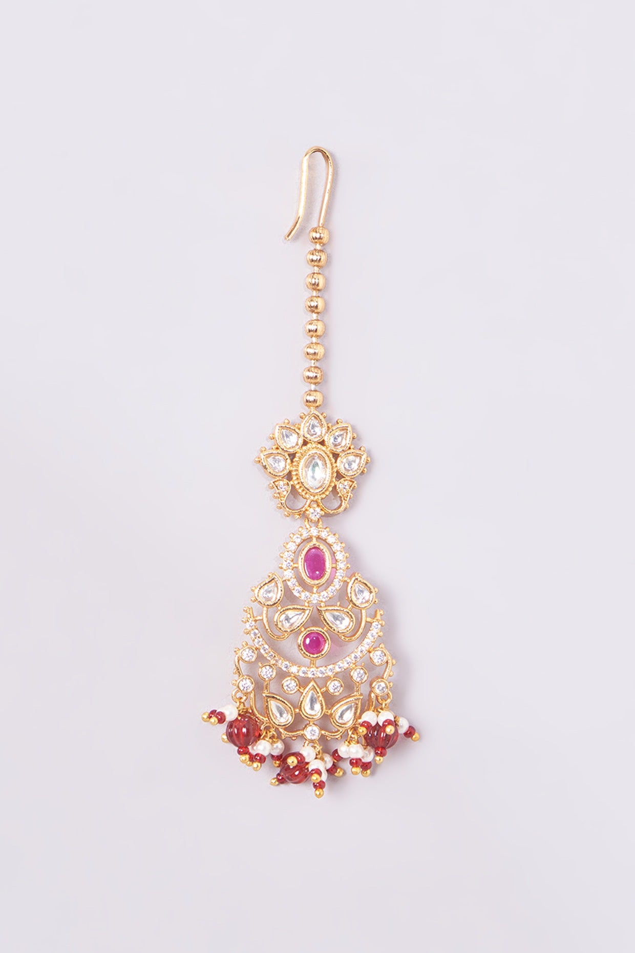 Gold Finish Kundan Polki & Red Beaded Long Necklace Set