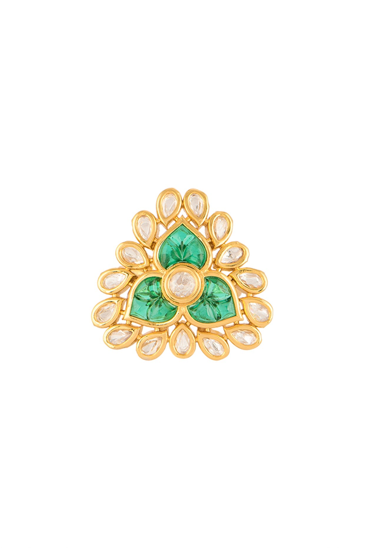 Gold Finish Kundan Polki & Green Stone Ring