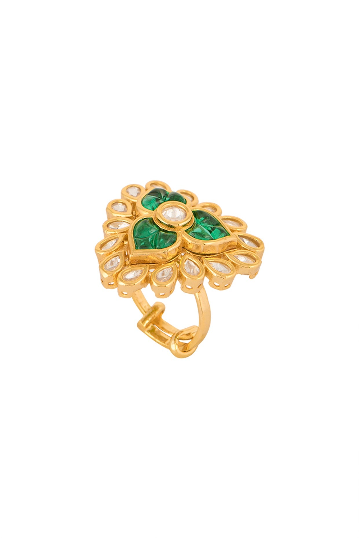 Gold Finish Kundan Polki & Green Stone Ring