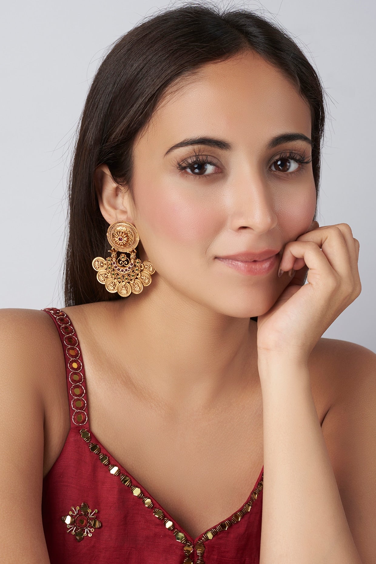Gold Finish Stone & Pearl Temple Earrings