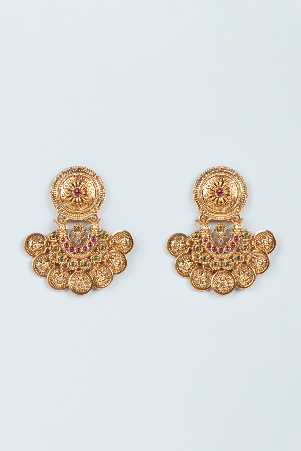 Gold Finish Stone & Pearl Temple Earrings