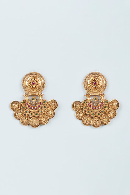 Gold Finish Stone & Pearl Temple Earrings