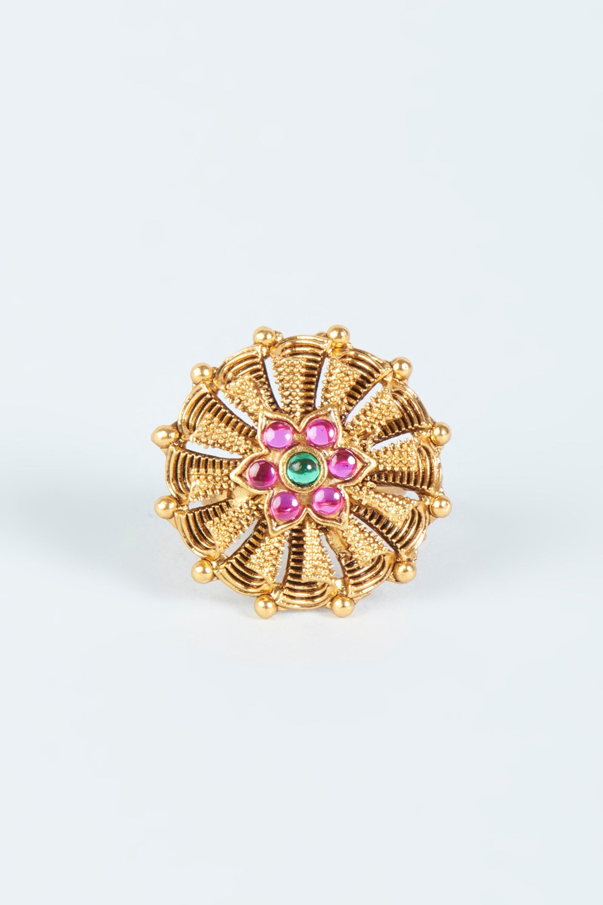 Gold Finish Pink & Green Synthetic Stone Ring