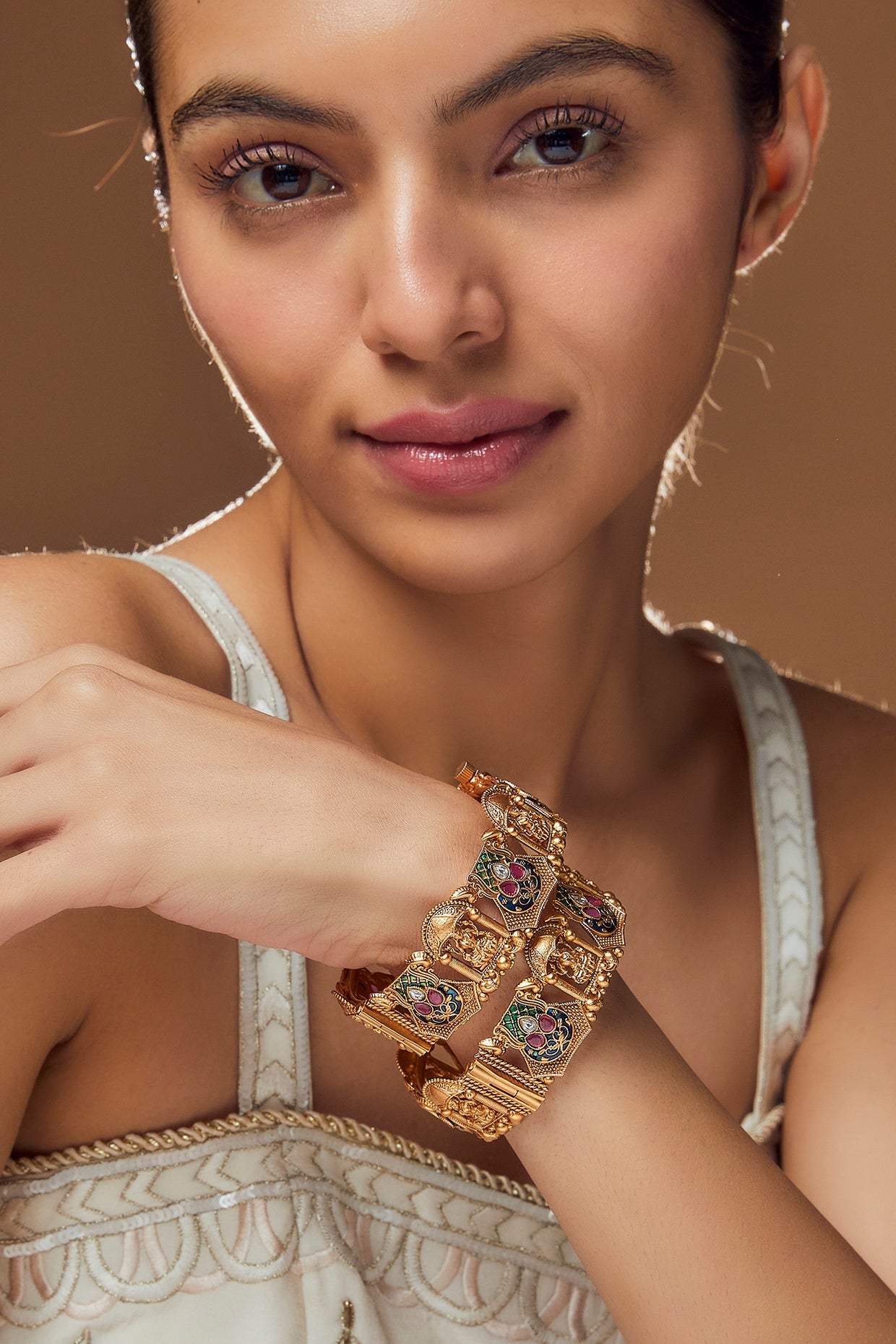 Gold Finish Multi-Colored Synthetic Stone Temple Bangles (Set Of 2)