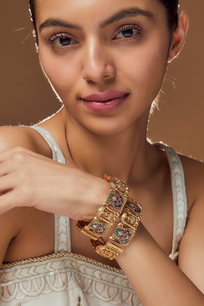 Gold Finish Multi-Colored Synthetic Stone Temple Bangles (Set Of 2)