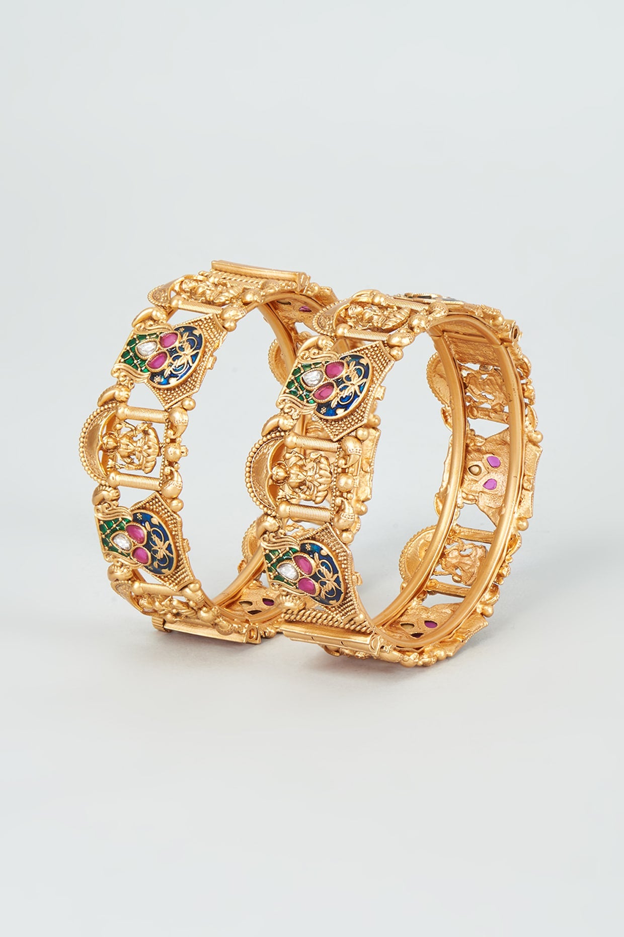 Gold Finish Multi-Colored Synthetic Stone Temple Bangles (Set Of 2)