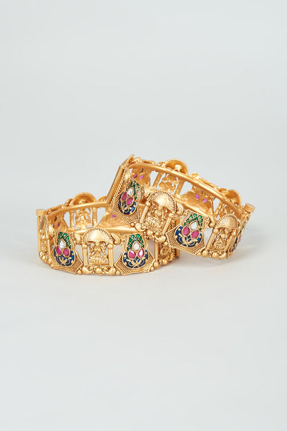 Gold Finish Multi-Colored Synthetic Stone Temple Bangles (Set Of 2)
