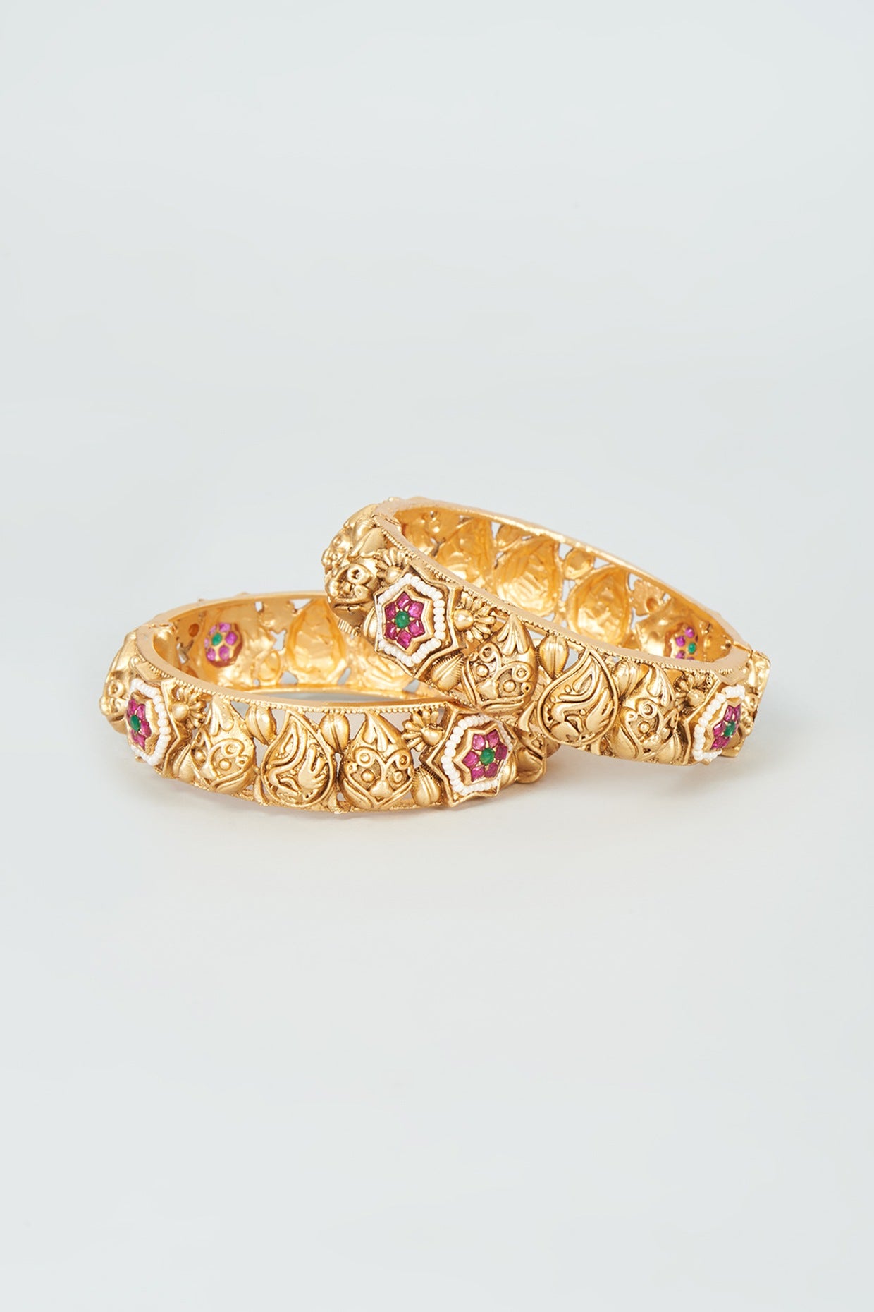 Gold Finish Kundan Polki & Red Stone Temple Bangles (Set Of 2)