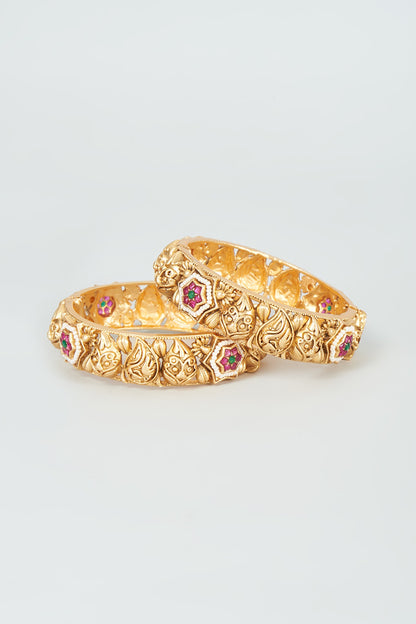 Gold Finish Kundan Polki & Red Stone Temple Bangles (Set Of 2)