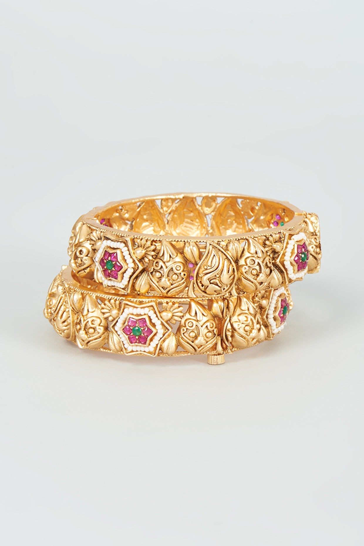 Gold Finish Kundan Polki & Red Stone Temple Bangles (Set Of 2)