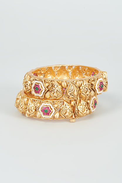 Gold Finish Kundan Polki & Red Stone Temple Bangles (Set Of 2)