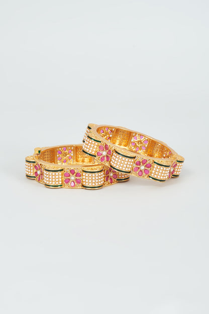 Gold Finish Kundan Polki & Multi-Colored Stone Bangles (Set Of 2)
