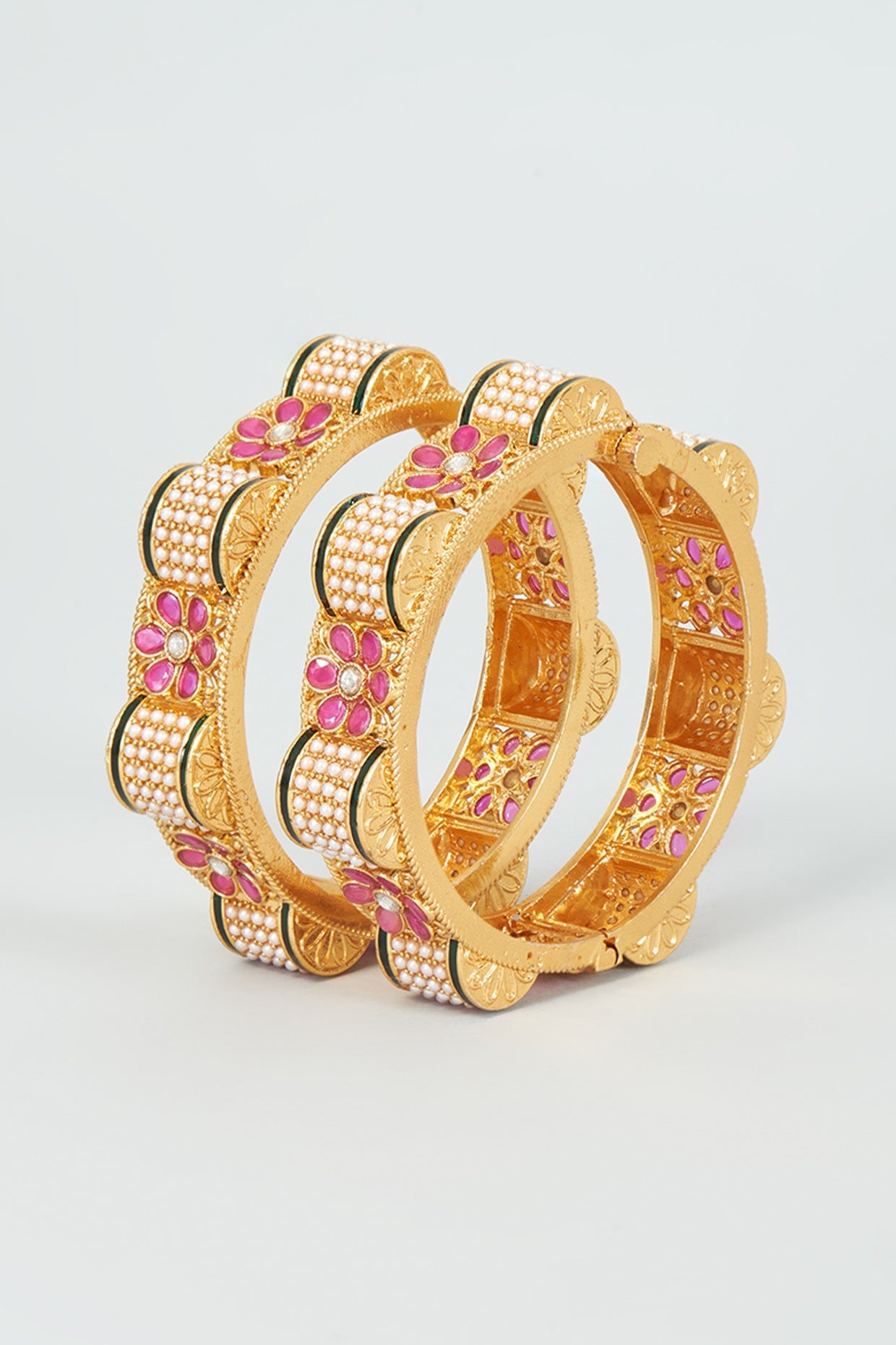 Gold Finish Kundan Polki & Multi-Colored Stone Bangles (Set Of 2)