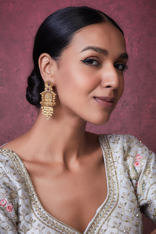Gold Finish Kundan Polki Temple Dangler Earrings
