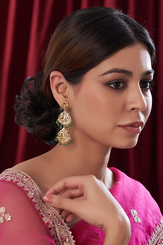 Gold Finish Kundan Polki & Emerald Stone Dangler Earrings