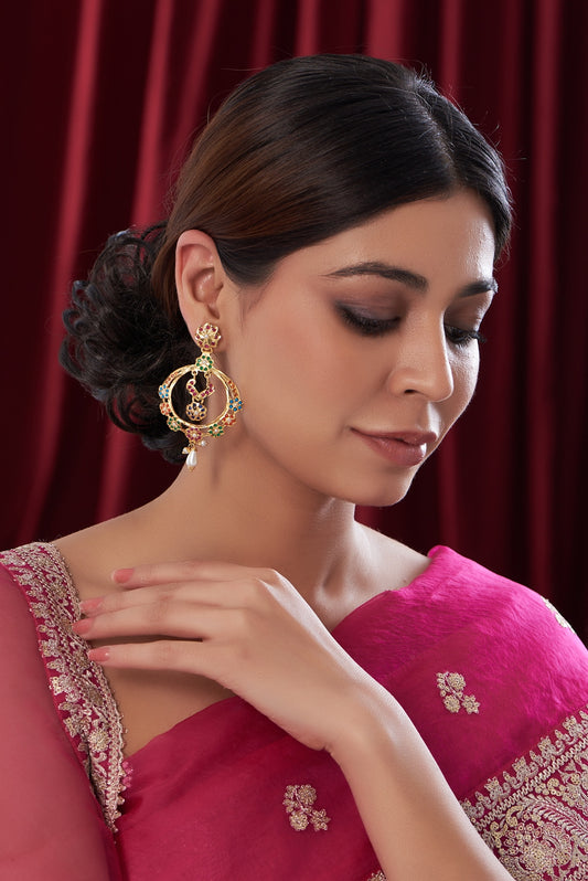 Gold Finish Kundan Polki & Multi-Colored Stone Dangler Earrings
