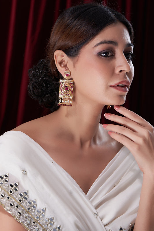 Gold Finish Kundan Polki & Ruby Dangler Earrings