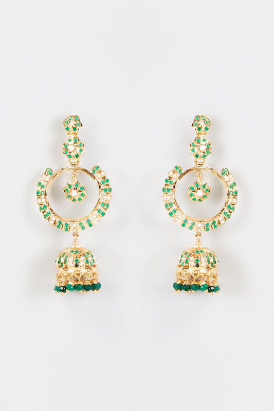 Gold Finish Kundan Polki & Emerald Jhumka Earrings