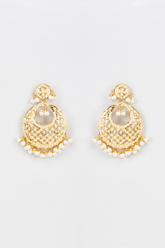 Gold Finish Kundan Polki & Pearl Chandbali Earrings