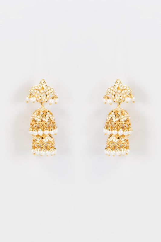 Gold Finish Kundan Polki & Pearl Jhumka Earrings