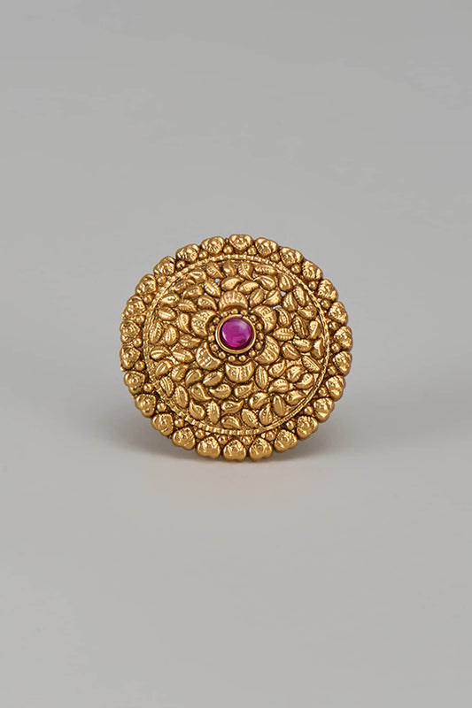 Gold Finish Kundan Polki & Red Stone Temple Ring