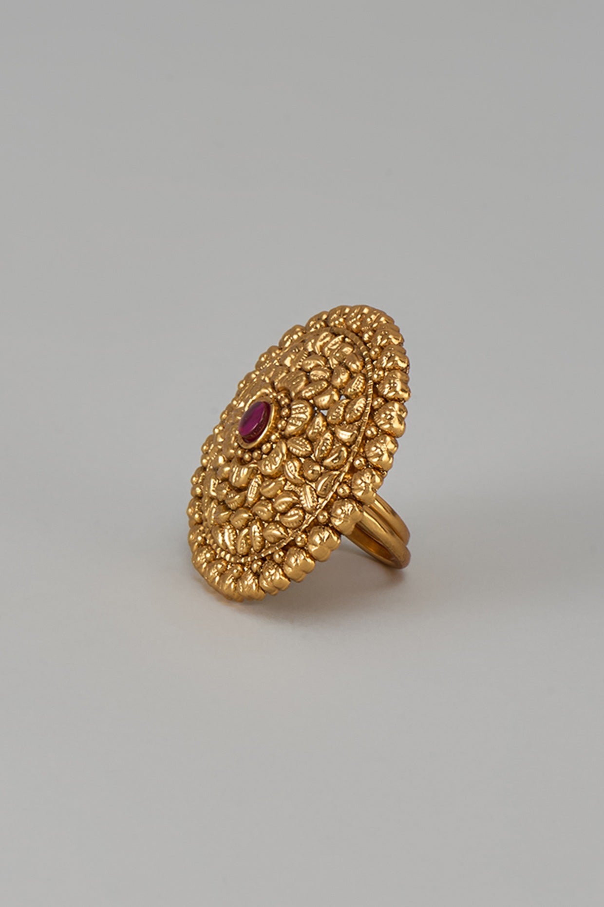 Gold Finish Kundan Polki & Red Stone Temple Ring