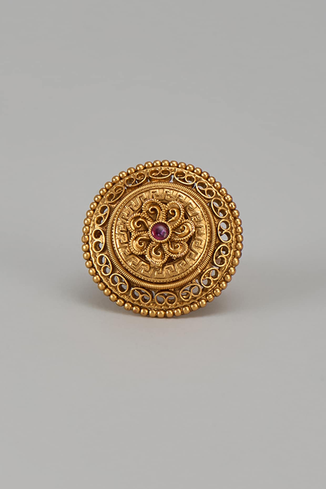 Gold Finish Kundan Polki & Red Stone Temple Ring