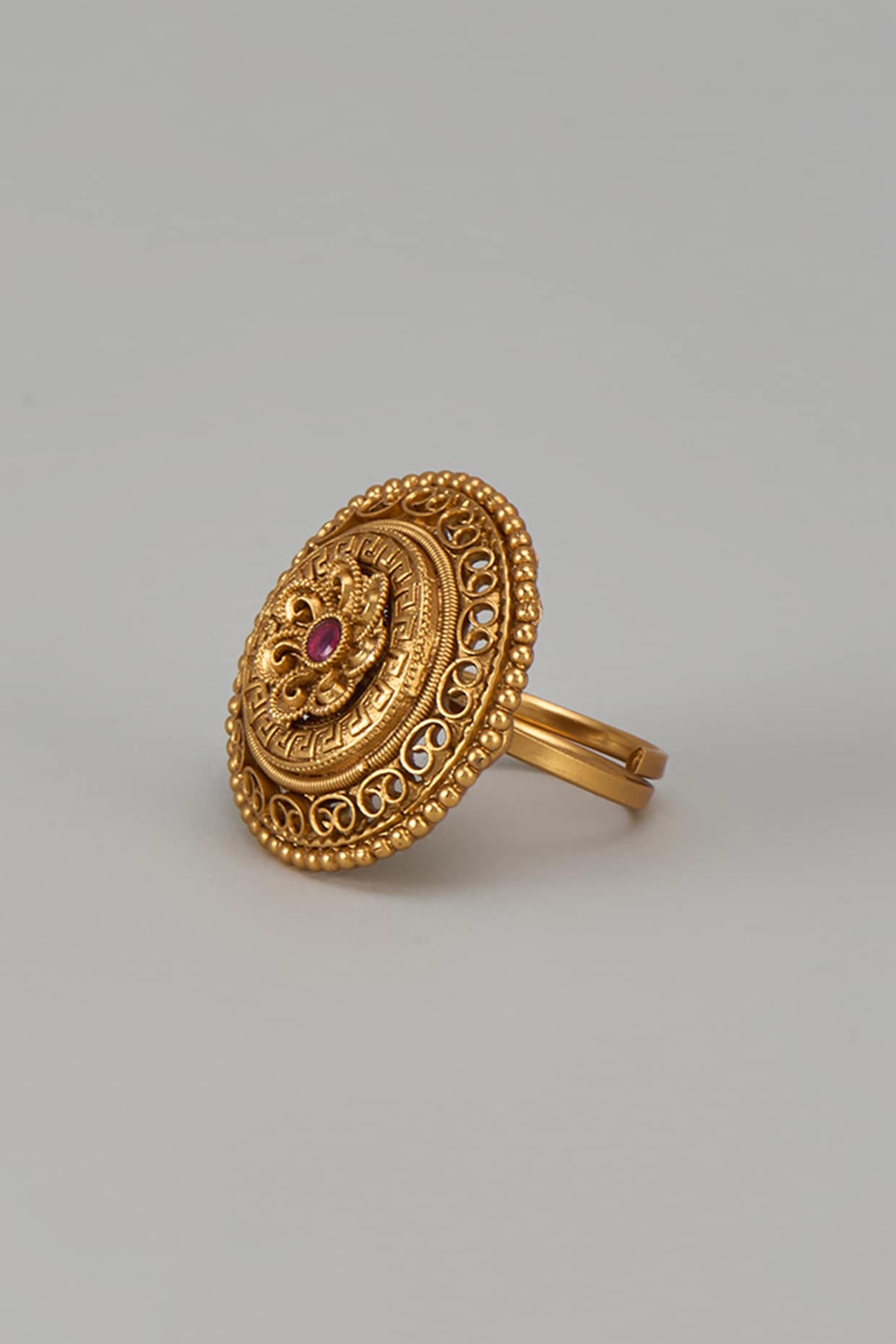 Gold Finish Kundan Polki & Red Stone Temple Ring