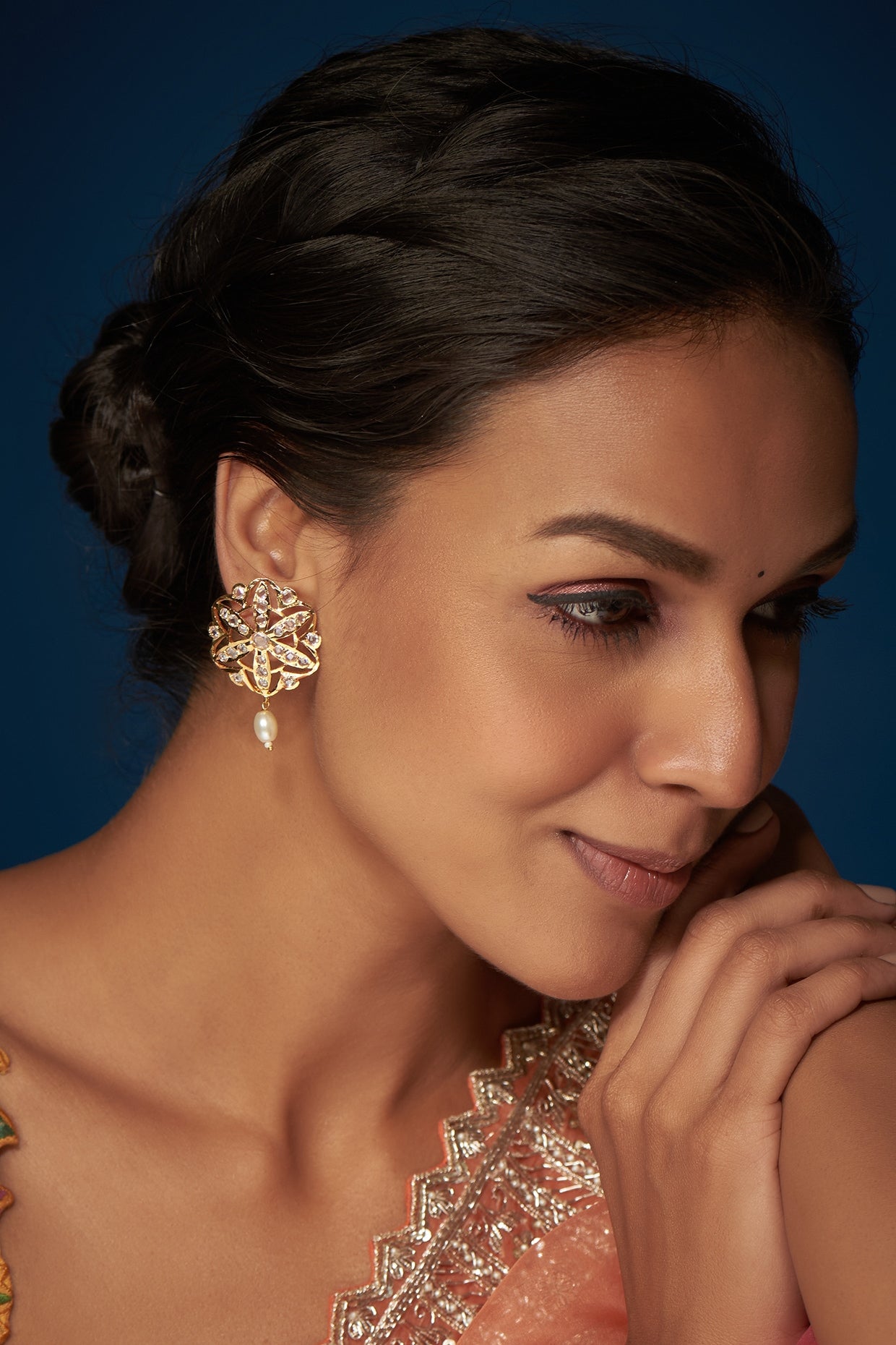 Gold Finish Kundan Polki & Pearl Stud Earrings