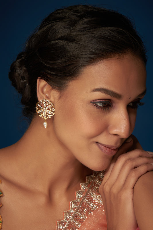Gold Finish Kundan Polki & Pearl Stud Earrings