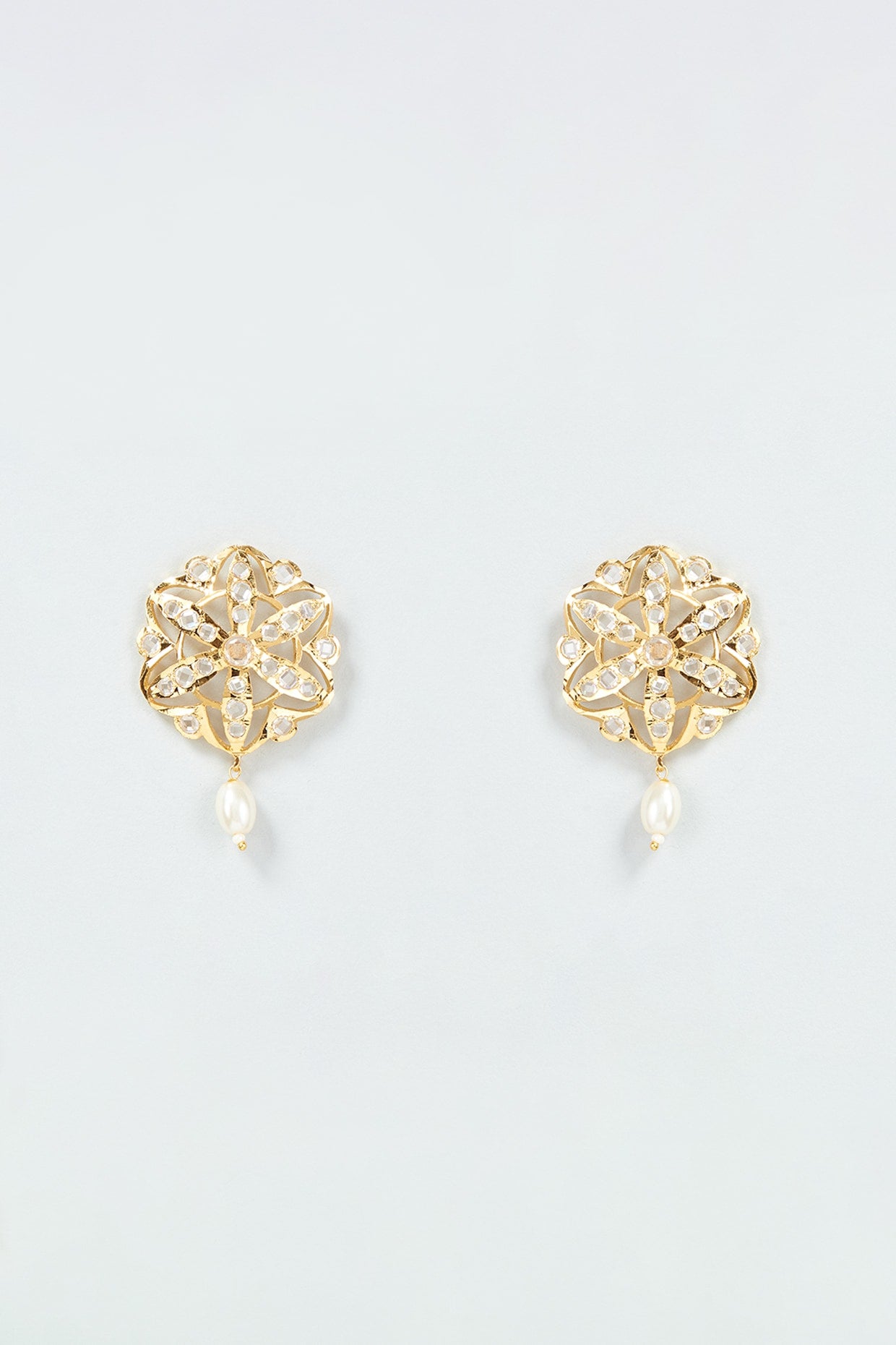 Gold Finish Kundan Polki & Pearl Stud Earrings