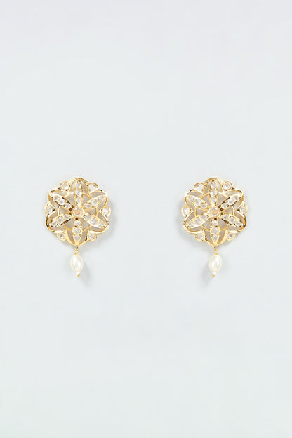 Gold Finish Kundan Polki & Pearl Stud Earrings