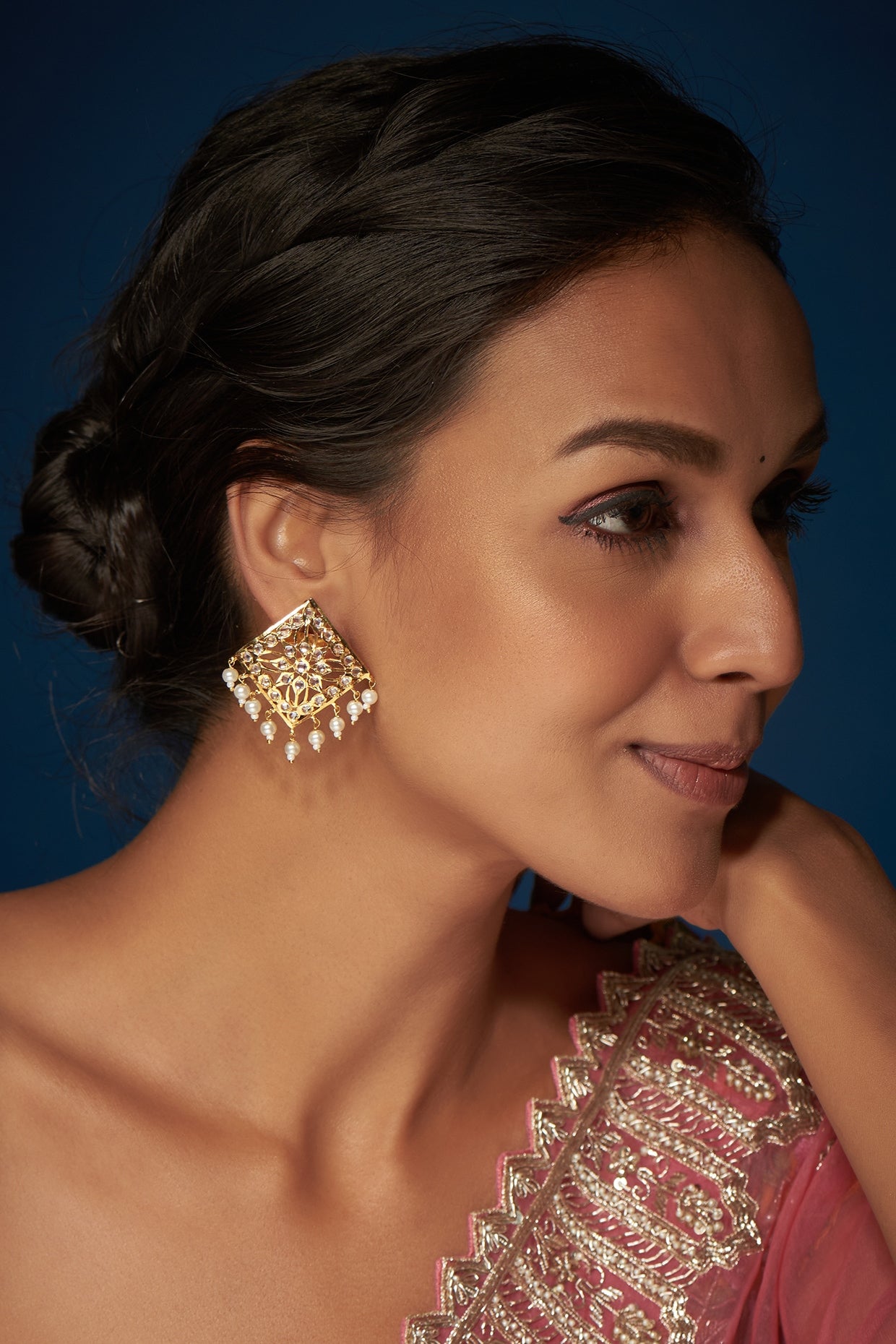Gold Finish Kundan Polki & Pearl Stud Earrings