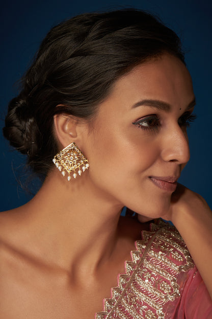 Gold Finish Kundan Polki & Pearl Stud Earrings