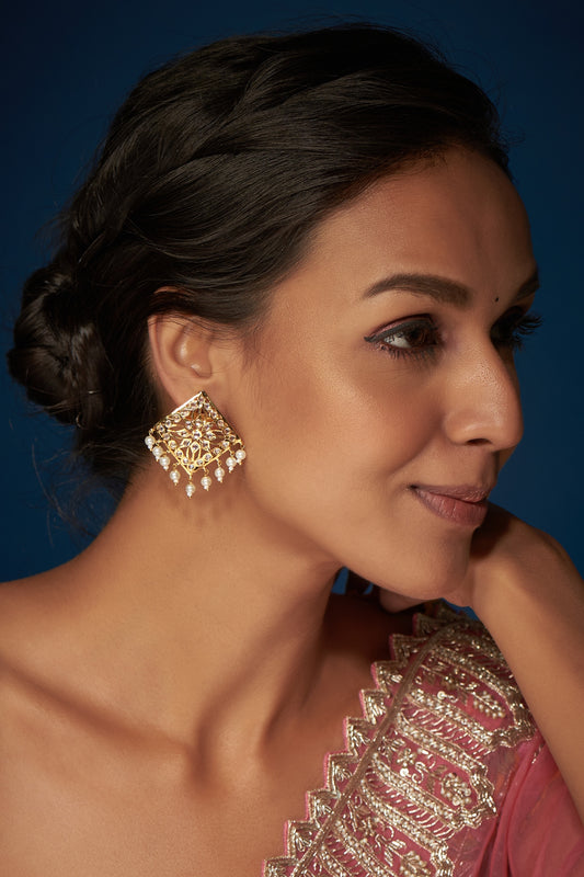 Gold Finish Kundan Polki & Pearl Stud Earrings