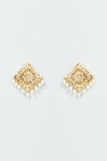 Gold Finish Kundan Polki & Pearl Stud Earrings