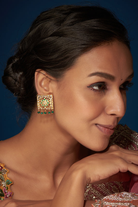 Gold Finish Kundan Polki & Green Stone Stud Earrings