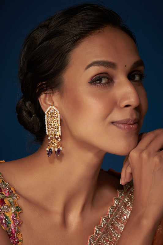 Gold Finish Kundan Polki Dangler Earrings