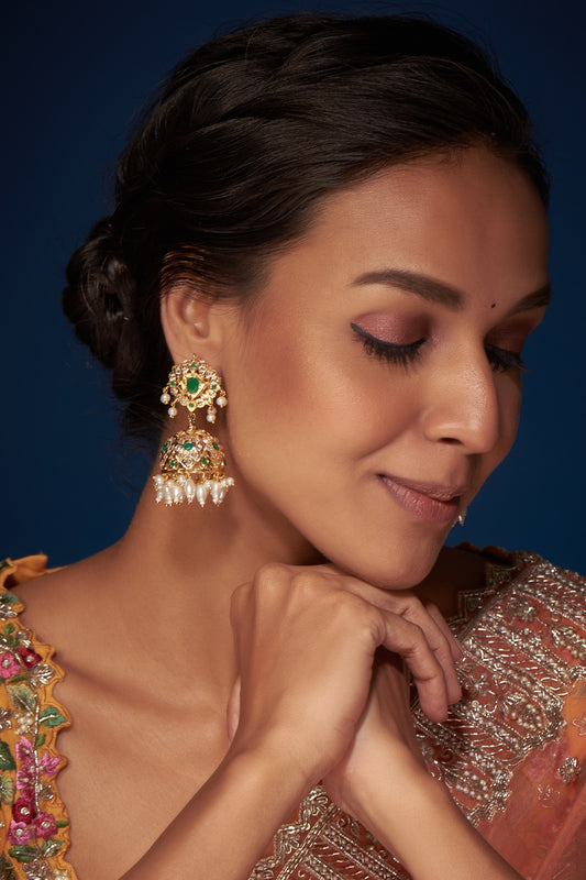Gold Finish Kundan Polki & Green Stone Jhumka Earrings