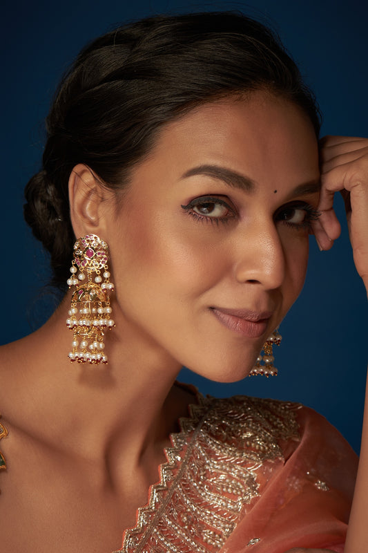 Gold Finish Kundan Polki & Red Stone Jhumka Earrings