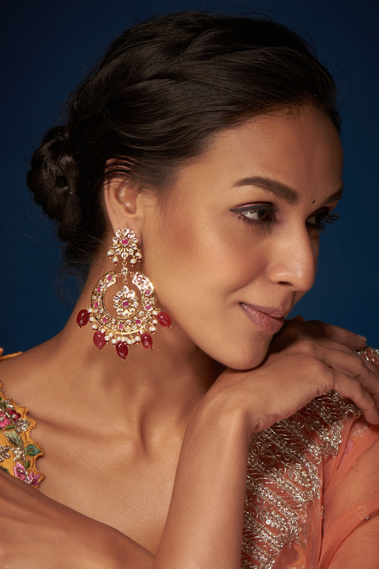 Gold Finish Kundan Polki & Red Stone Chandbaali Earrings