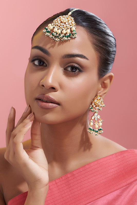 Gold Finish Kundan Polki & Green Stone Dangler Earrings With Maangtikka