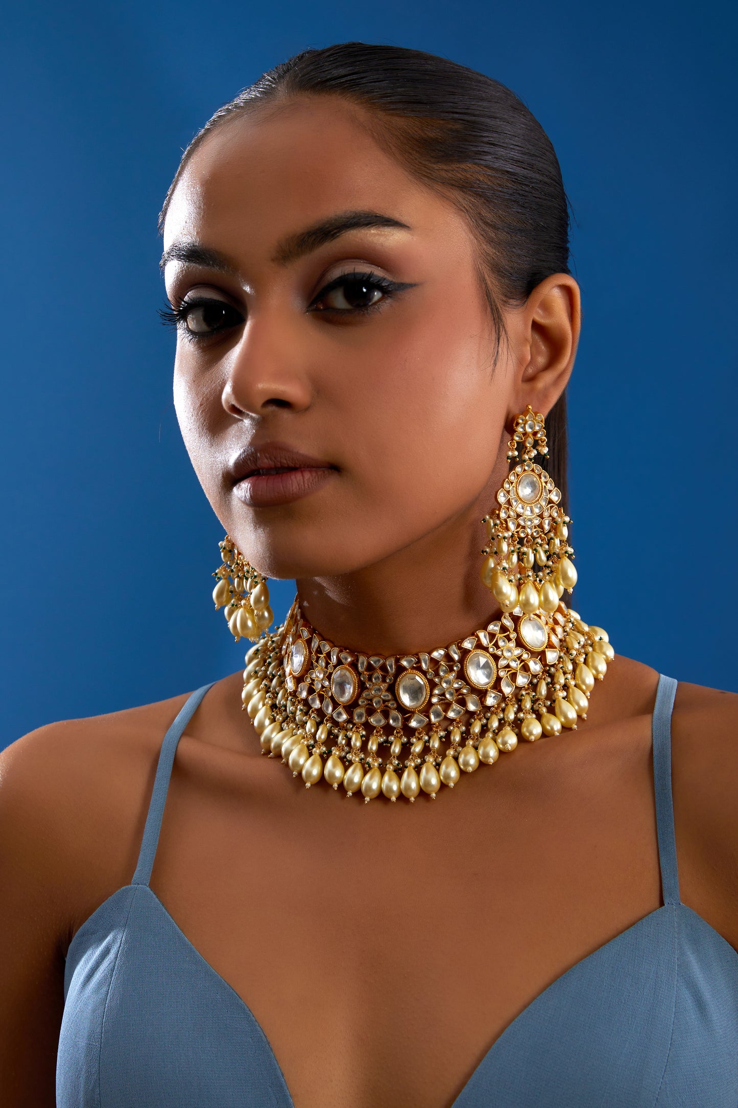 Gold Finish Kundan Polki & Pearl Choker Necklace Set